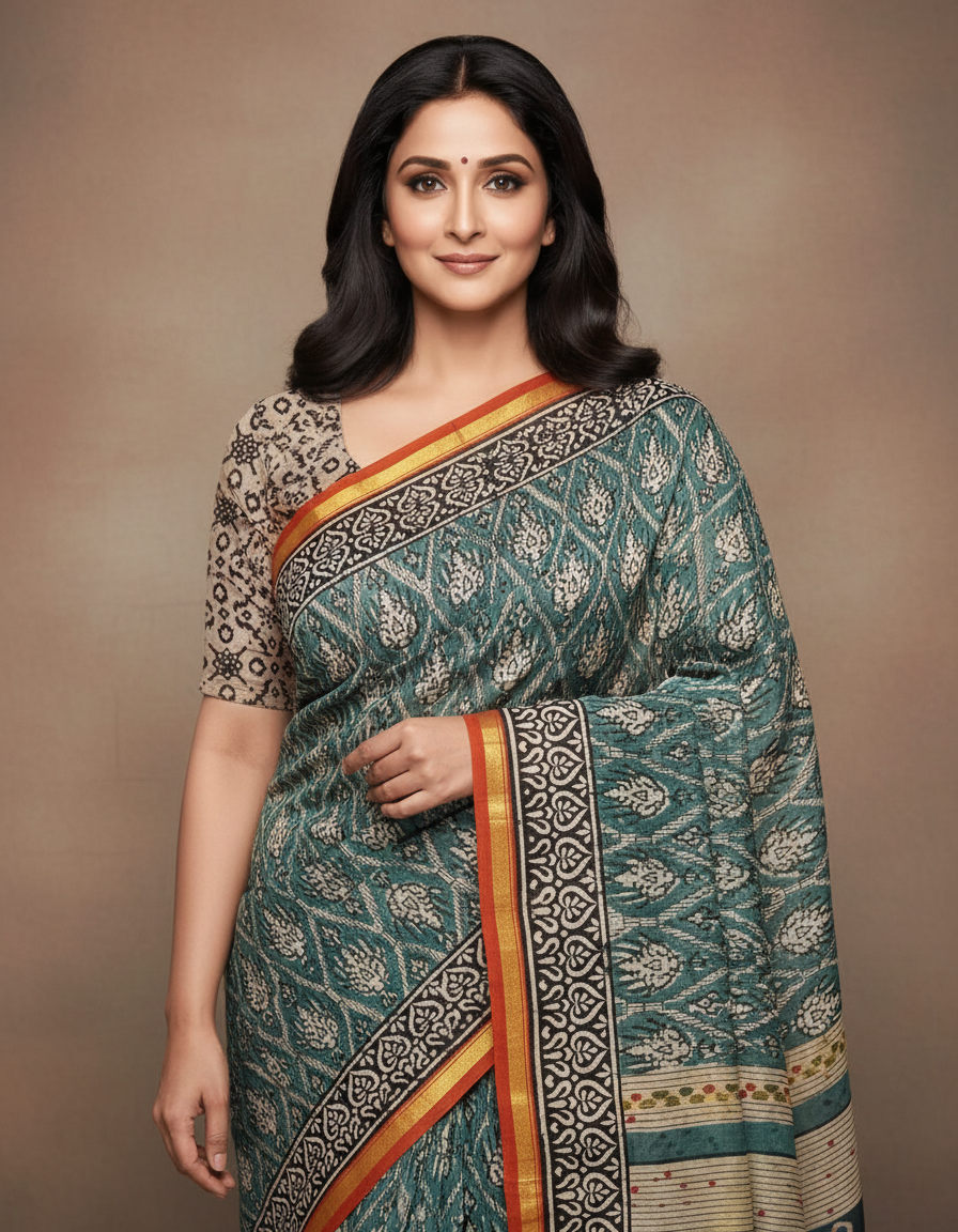 A woman modeling a teal blue and beige patterned saree with a gold and orange border, set against a solid brown studio background.